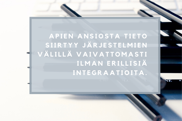 APIen ansiosta tieto siirtyy järjestelmien välillä vaivattomasti ilman erillisiä integraatioita.